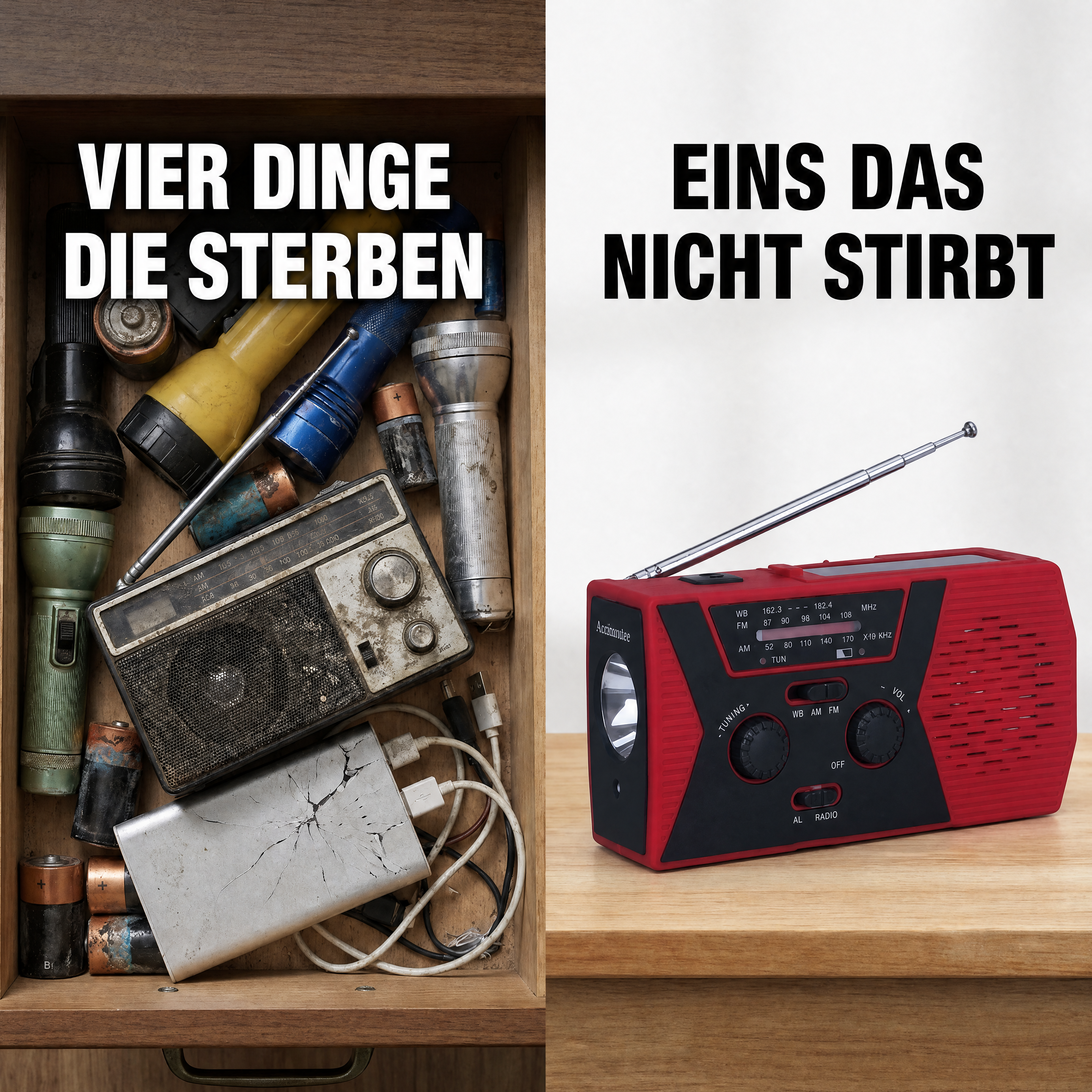 Eine unordentliche Schublade mit leerer Ausrüstung gegenüber dem einzelnen VeloStep Rettungsradio