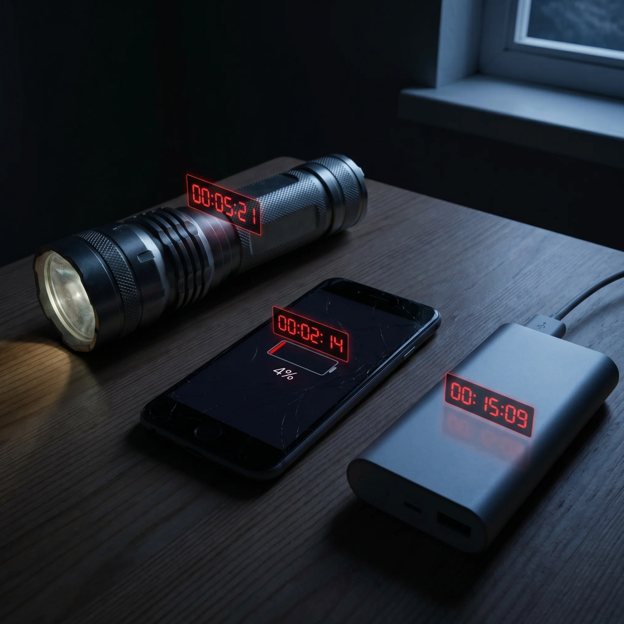 Eine Taschenlampe, ein Handy mit 4% und eine Powerbank, die herunterzählt, in einem dunklen Raum