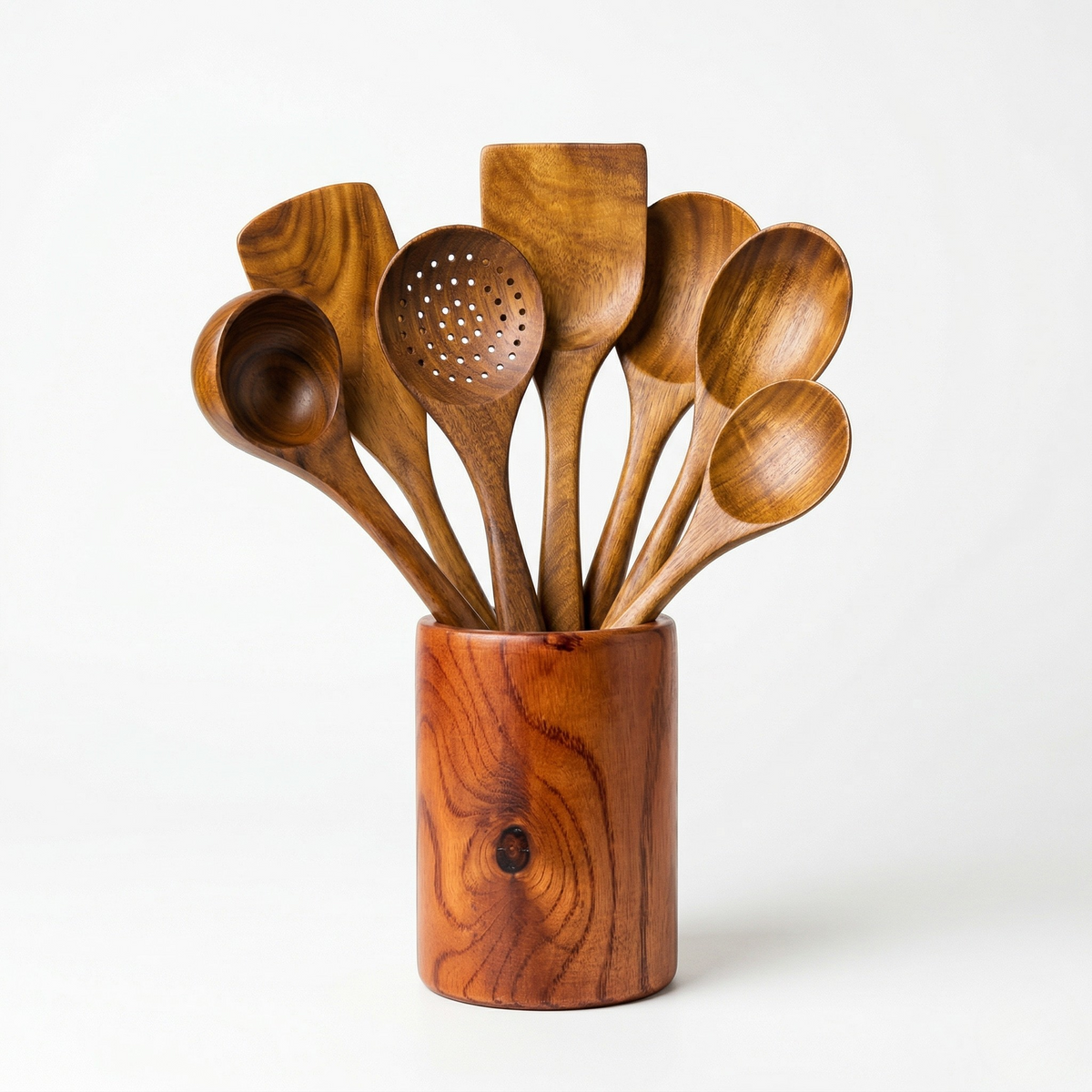 Küchenutensilien-Set aus Akazienholz im Holzbehälter